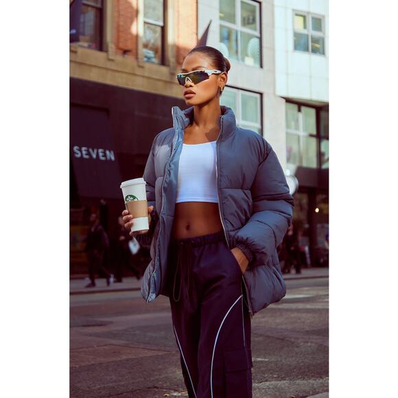 PrettyLittleThing Slate Grey Soft Touch Nylon Padded Panel Longline Puffer UK XS - Picture 1 of 7